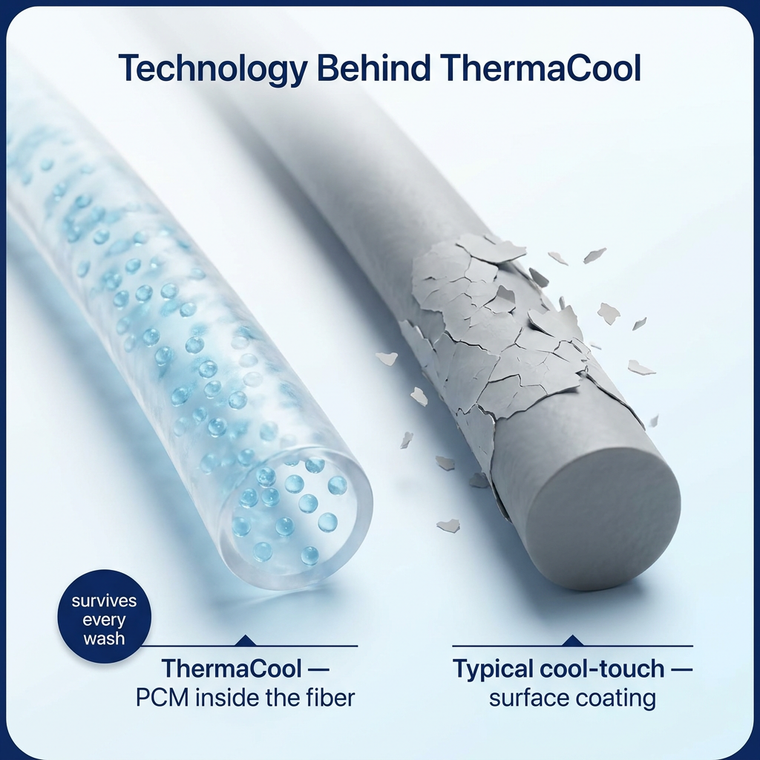 IMAGE_SLOT_4 — Fiber cross-section: PCM microcapsules embedded inside the ThermaCool fiber vs a coating flaking off a typical cool-touch fiber
