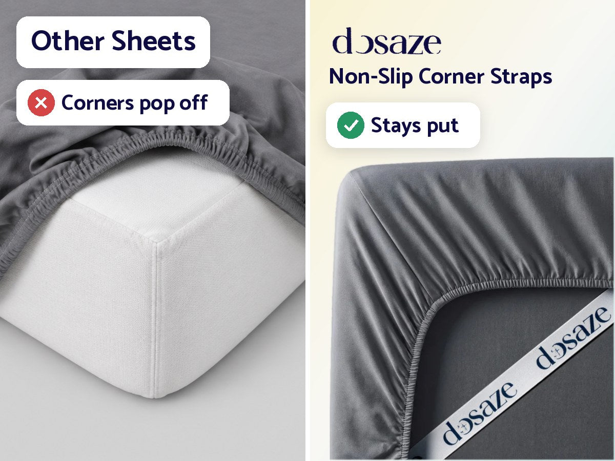Left: another fitted sheet with its corner popped off the mattress. Right: Dosaze Luxe fitted sheet held in place by Dosaze-branded non-slip corner straps.