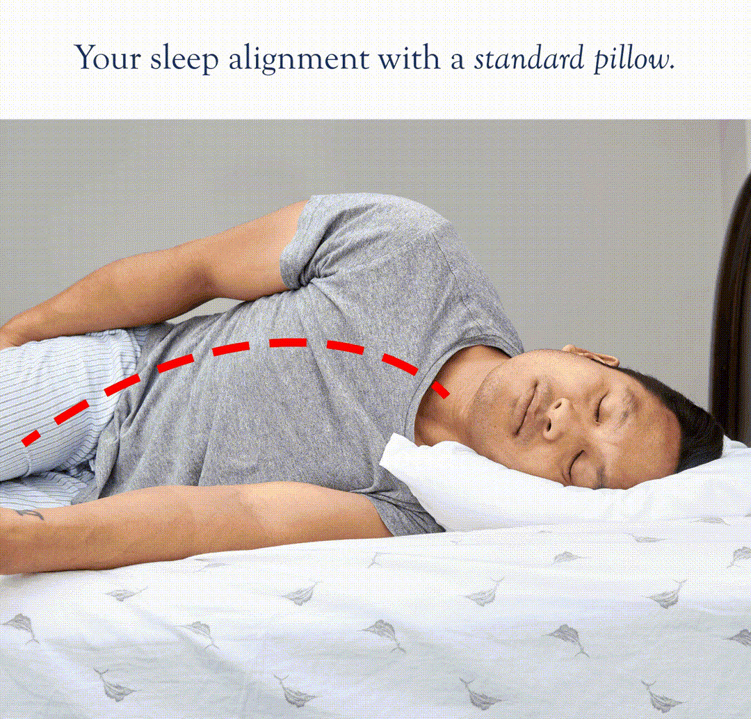 Animation: a side sleeper's spine alignment on a standard pillow compared with a Dosaze pillow