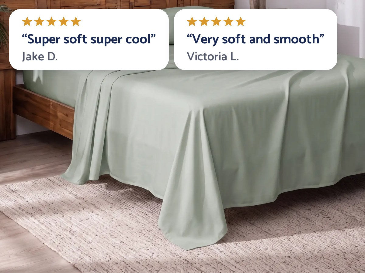 ThermaCool sheets in Sage on a bed with two five-star buyer quotes: Super soft super cool, Very soft and smooth