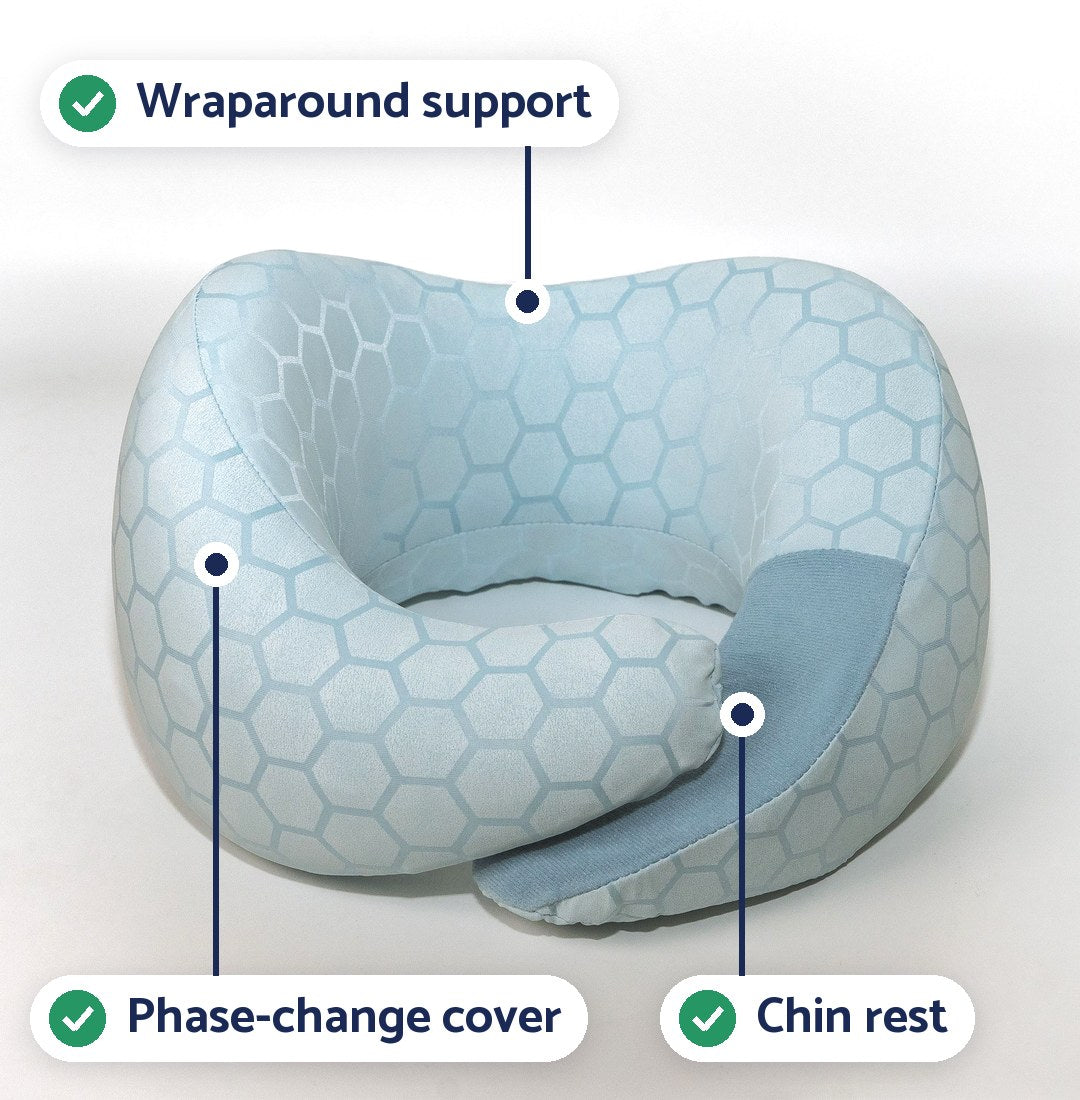 Dosaze Travel Neck Pillow labeled: wraparound support, phase-change cover, chin rest